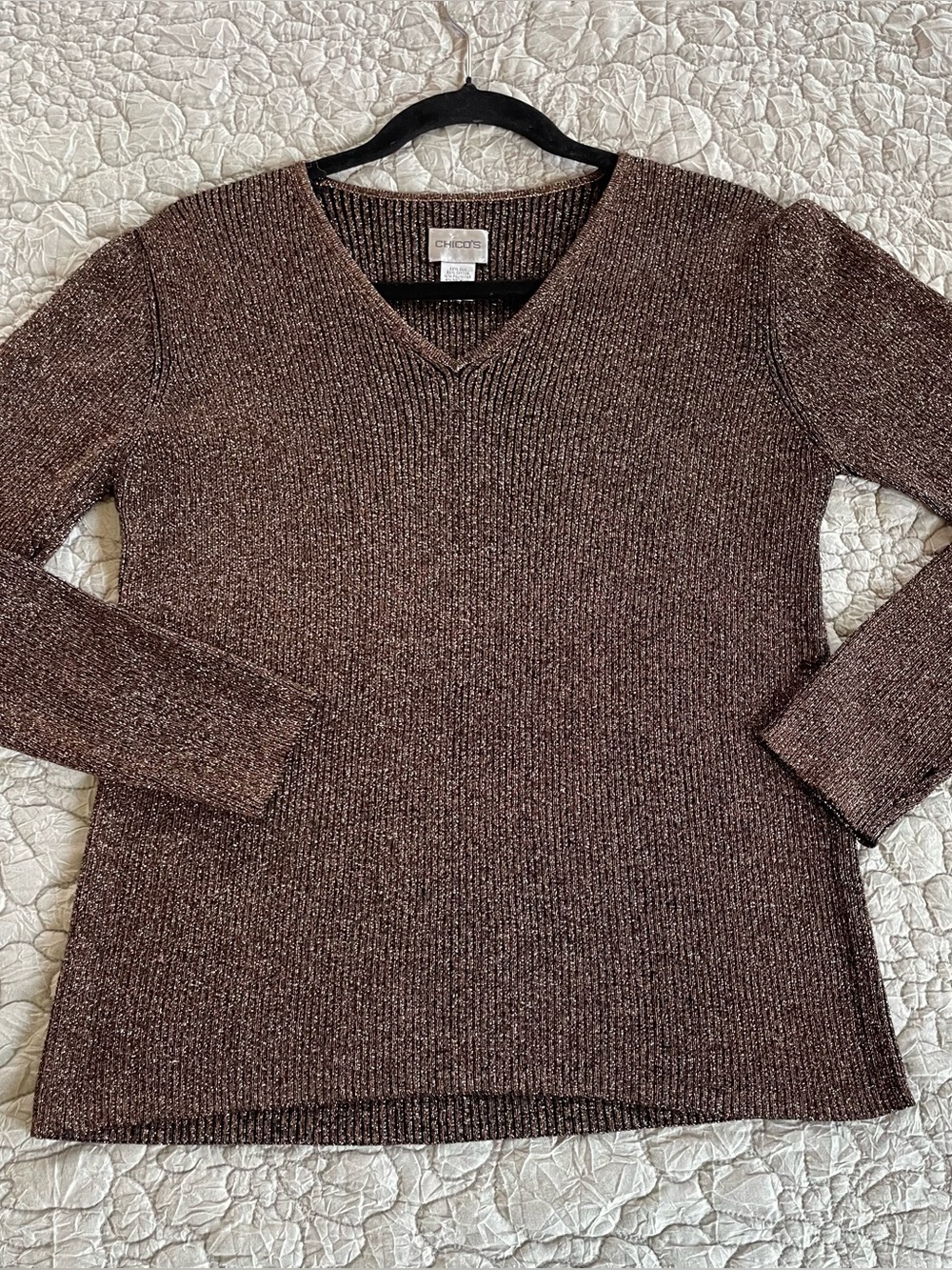 Chico’s Brown Metallic Rib Knit V-Neck Long Sleeve Pullover Sweater Silk Sz 1 M
